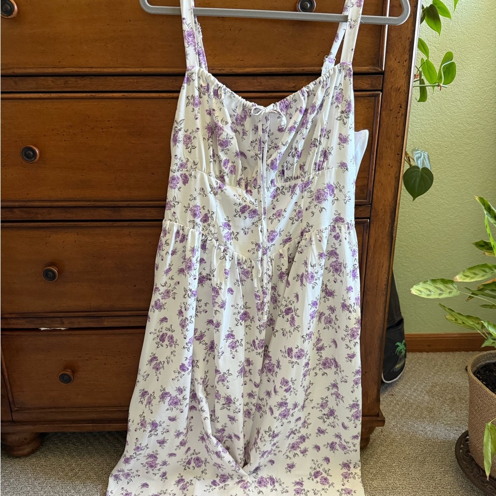 Elegant White and Purple Floral Dress